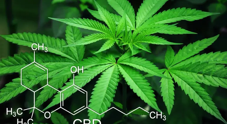 Liście konopi z nałożonym wzorem chemicznym CBD. Temat ten bywa powiązany z przestępstwami narkotykowymi.