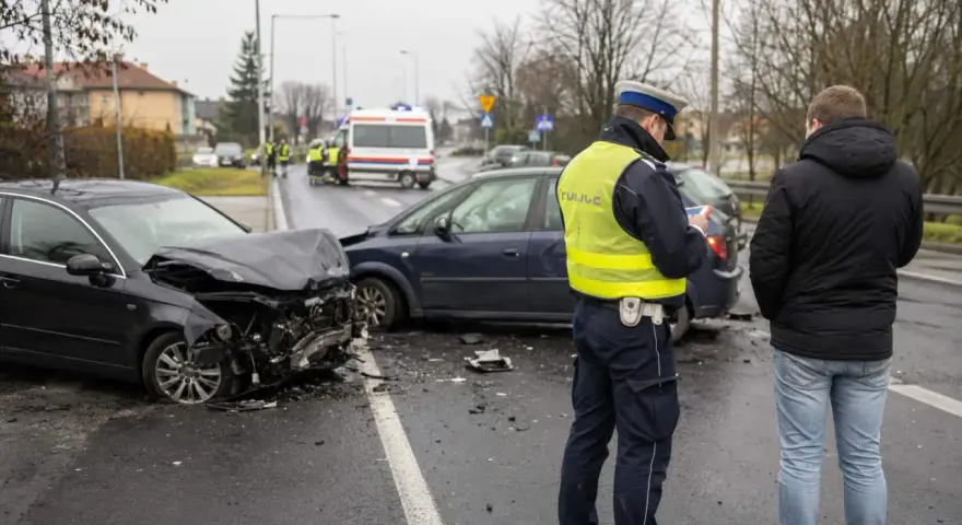 Policjant spisuje notatki po wypadku drogowym. Uszkodzone samochody, art. 177 kk.