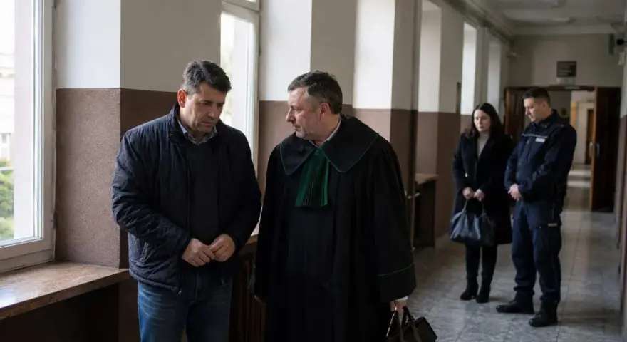 Mężczyzna w todze prawniczej rozmawia z oskarżonym. W tle policjant i kobieta, być może świadkowie w sprawie o znęcanie.