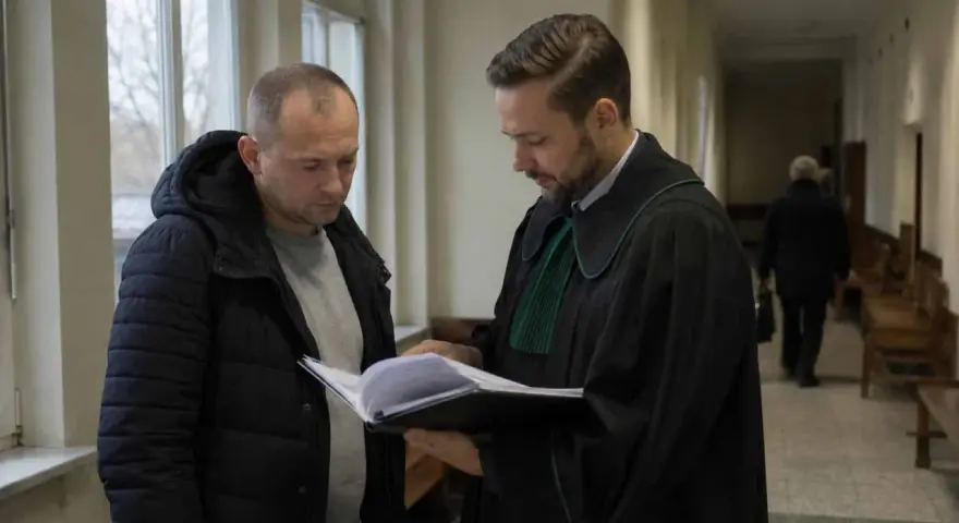 Prawnik w todze pokazuje klientowi dokumenty. Rozmawiają o wniosku o naprawienie szkody kpk.