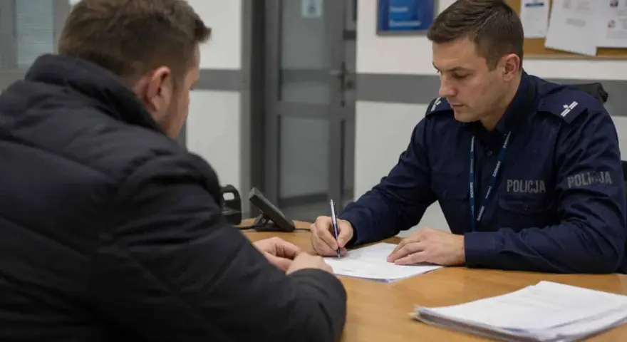 Policjant w mundurze spisuje dokumenty. Dowiedz się, jak sprawdzić status sprawy na policji, aby uzyskać potrzebne informacje.