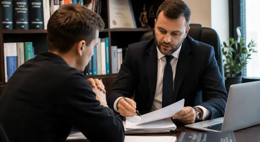 Prawnik w garniturze omawia dokumenty z klientem. Na półkach w tle widać kodeksy. Klient, jak nieświadomy słup, słucha uważnie.