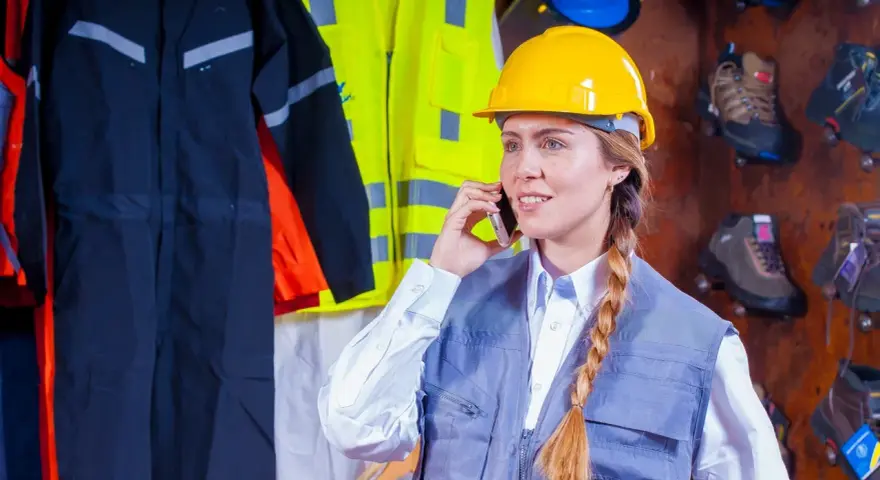 Kobieta w żółtym kasku rozmawia przez telefon, otoczona odzieżą roboczą. Może to być związane z artykułem 220 kodeksu karnego, dotyczącym bezpieczeństwa pracy.