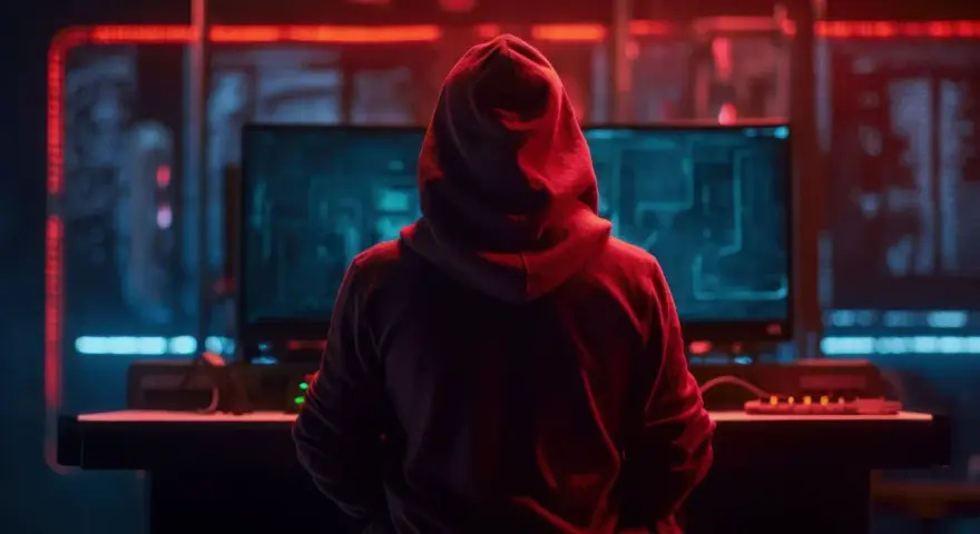 Osoba w czerwonej bluzie z kapturem siedzi przed monitorami, na których widać kod. W tle migoczą czerwone i niebieskie światła. To może być scena z filmu o hakerach, gdzie 130 kk to być może liczba danych lub zaszyfrowanych informacji.
