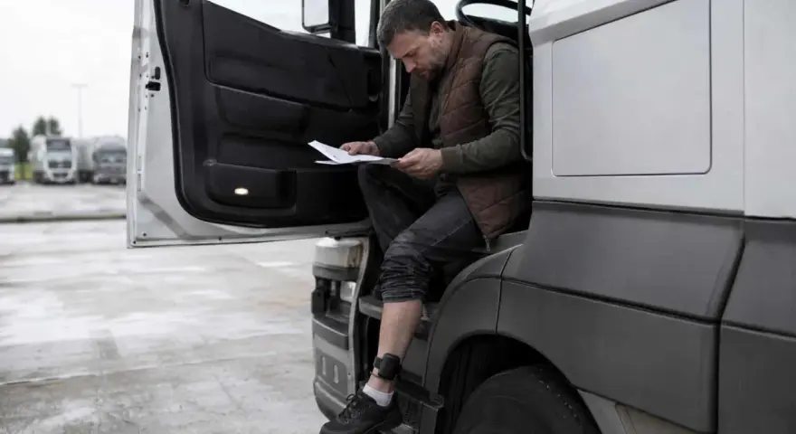 Kierowca z opaską na nodze, symbolizującą zatrudnienie pracownika z dozorem elektronicznym, czyta dokumenty przy kabinie ciężarówki.