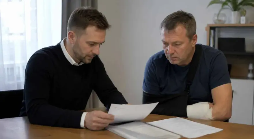 Mężczyzna z ręką w temblaku i bandażu analizuje dokumenty. Prawdopodobnie przygotowuje wniosek o zadośćuczynienie.