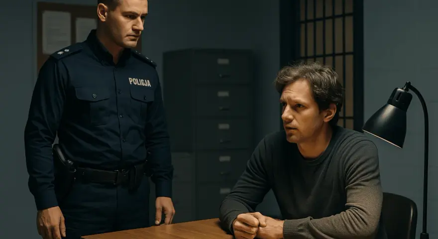 Policjant w mundurze stoi nad mężczyzną siedzącym przy biurku w pokoju przesłuchań. Mężczyzna wygląda na zamyślonego, a policjant na niego patrzy. To typowy dołek policyjny.