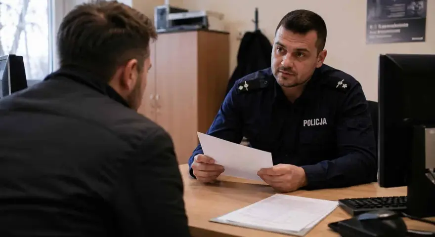 Policjant rozmawia z mężczyzną, trzymając dokumenty. Prawdopodobnie dotyczy to wniosku o zmianę miejsca dozoru policyjnego.