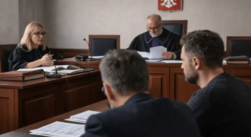 W sali sądowej trwa posiedzenie aresztowe. Sędzia w todze przegląda dokumenty, obok siedzi prokuratorka, a przed nimi mężczyźni w garniturach.