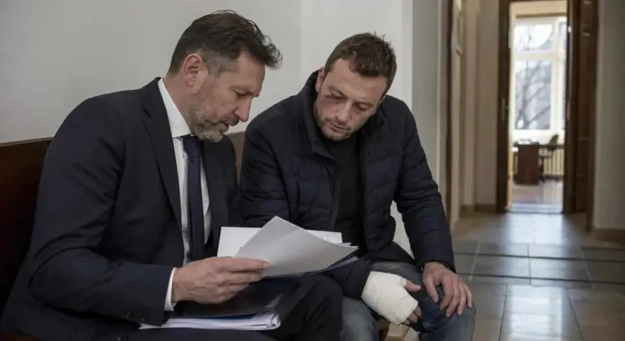 Prawnik omawia z poszkodowanym mężczyzną dokumenty dotyczące artykułu 157 paragraf 2 kodeksu karnego. Mężczyzna ma widoczne obrażenia.