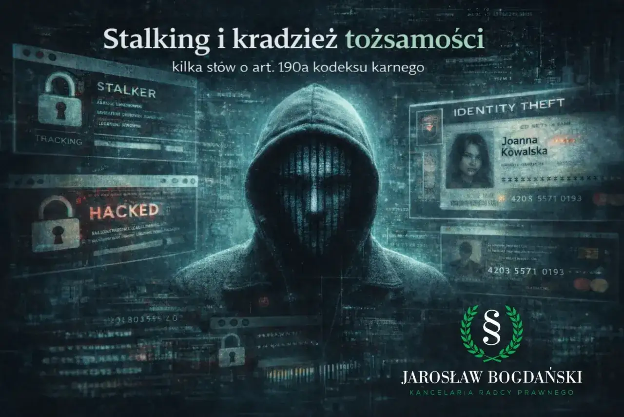 Cyberprzestępca śledzi ofiarę, kradnąc jej tożsamość. Widoczne ekrany z danymi i hasłem 
