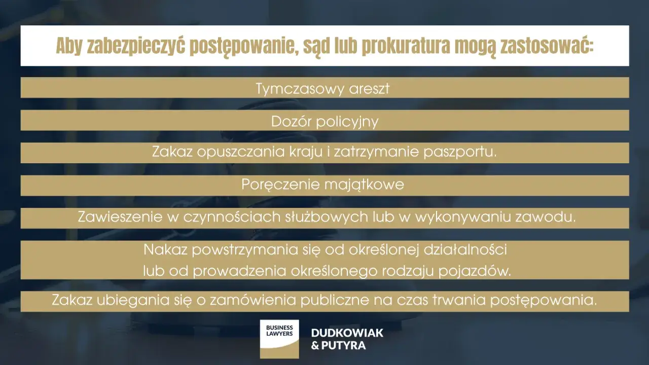 Środki zapobiegawcze w trybie przyspieszonym: areszt, dozór, zakaz opuszczania kraju, poręczenie majątkowe, zawieszenie w czynnościach, nakaz powstrzymania się od działalności, zakaz ubiegania się o zamówienia publiczne.