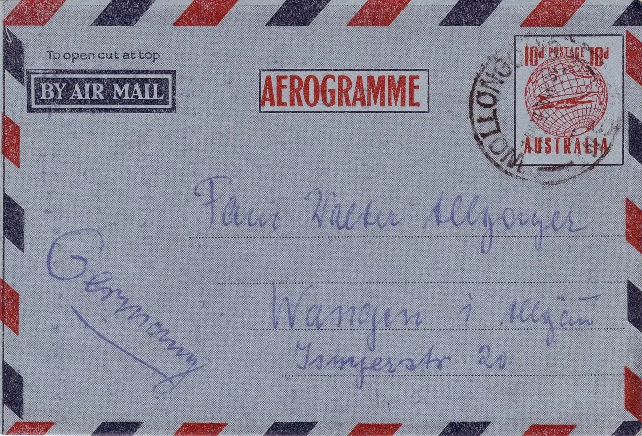Aerogram z Niemiec do Australii. Wzór listu do więzienia? Nie, to zwykła korespondencja.