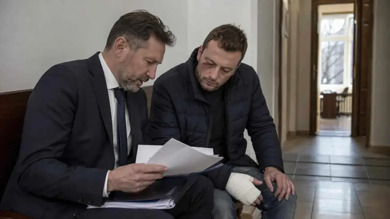 Prawnik omawia z klientem, który ma opatrunek na ręce i siniak pod okiem, kwestie związane z artykułem 157 paragraf 2 kodeksu karnego.