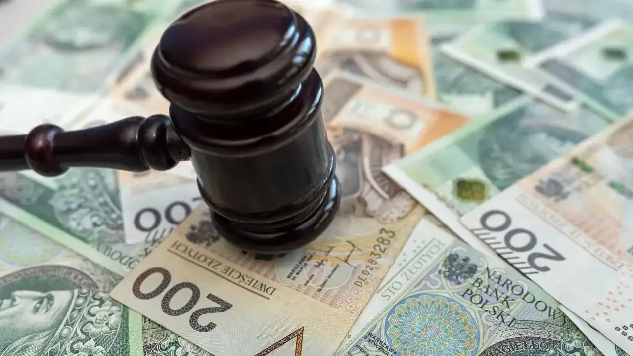 Młotek sędziowski na stosie polskich banknotów. Sądowa stawka dzienna kk może być wysoka.