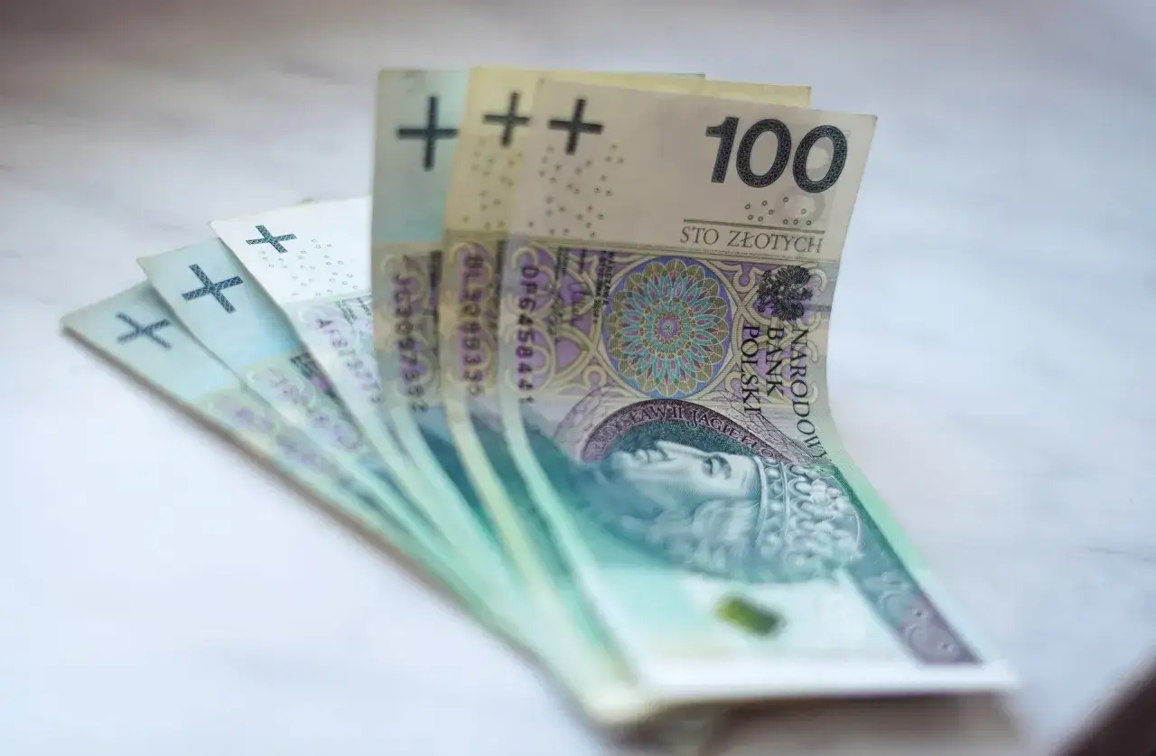 Kilka banknotów 100 złotych ułożonych wachlarzowo. To jest grzywna, którą trzeba zapłacić.