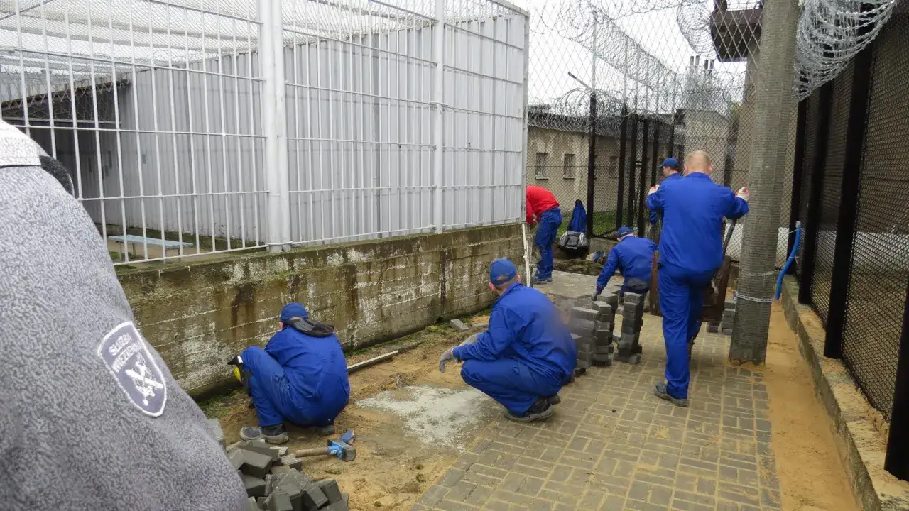 Pracownicy w niebieskich kombinezonach układają kostkę brukową. To praktyczne zamierzenia resocjalizacyjne przykłady pracy w zakładzie karnym.
