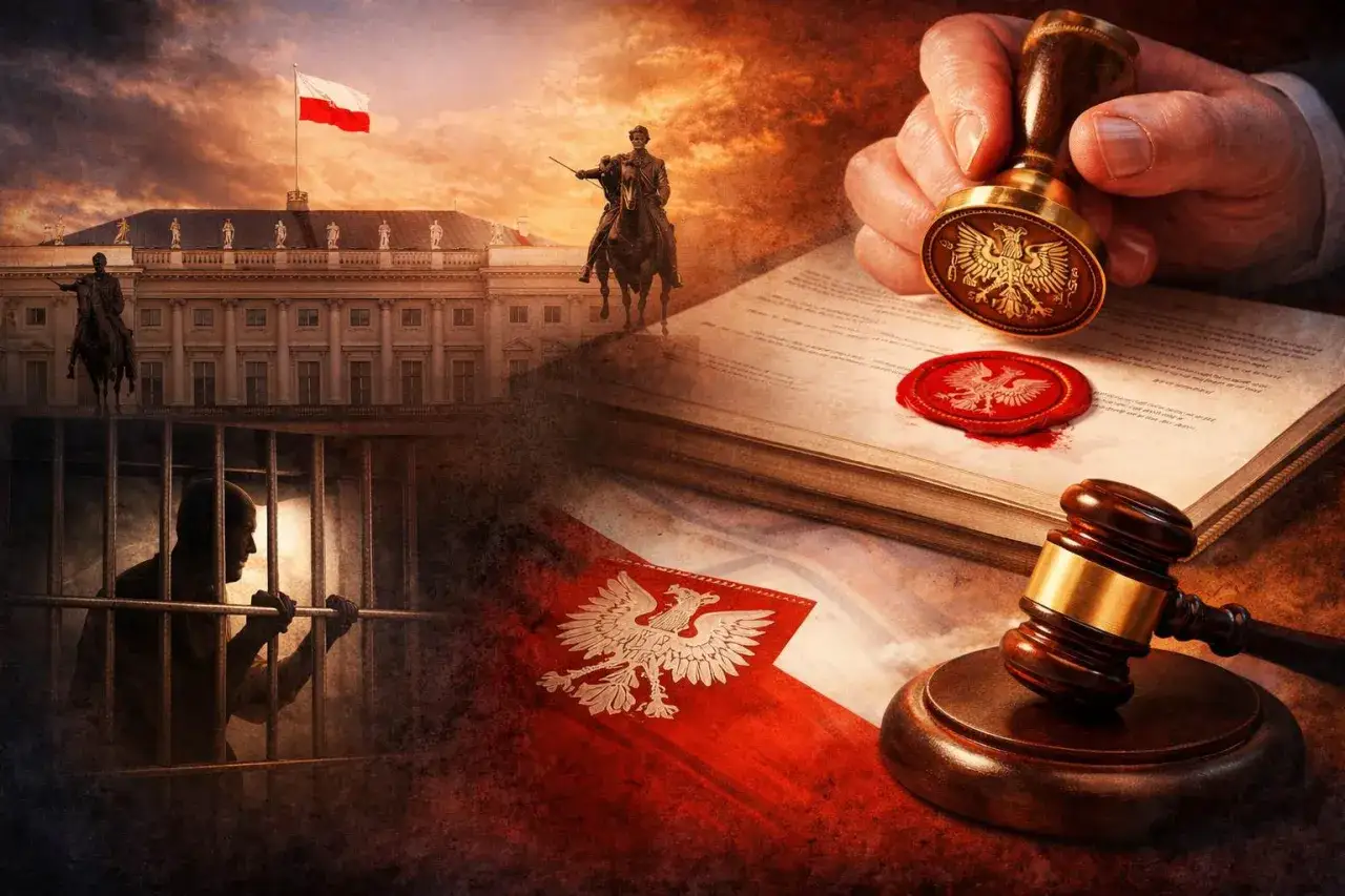 Sądowy młotek, pieczęć i więzień za kratami symbolizują darowanie lub złagodzenie kary. Orzeł na fladze Polski.