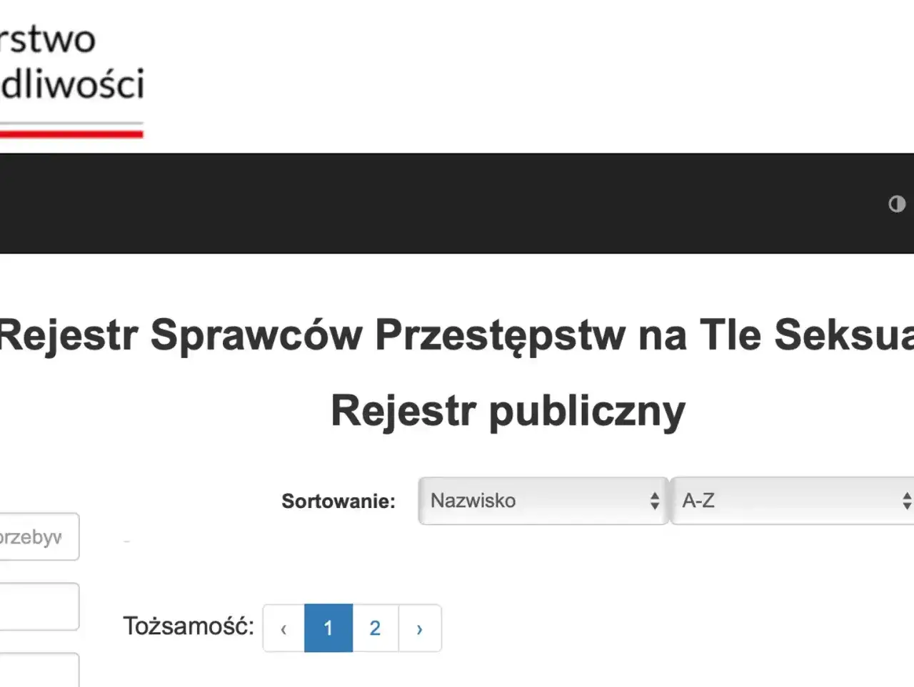 Publiczny rejestr sprawc&oacute;w przestępstw na tle seksualnym. Widoczny fragment strony internetowej z opcjami sortowania i numeracją stron.