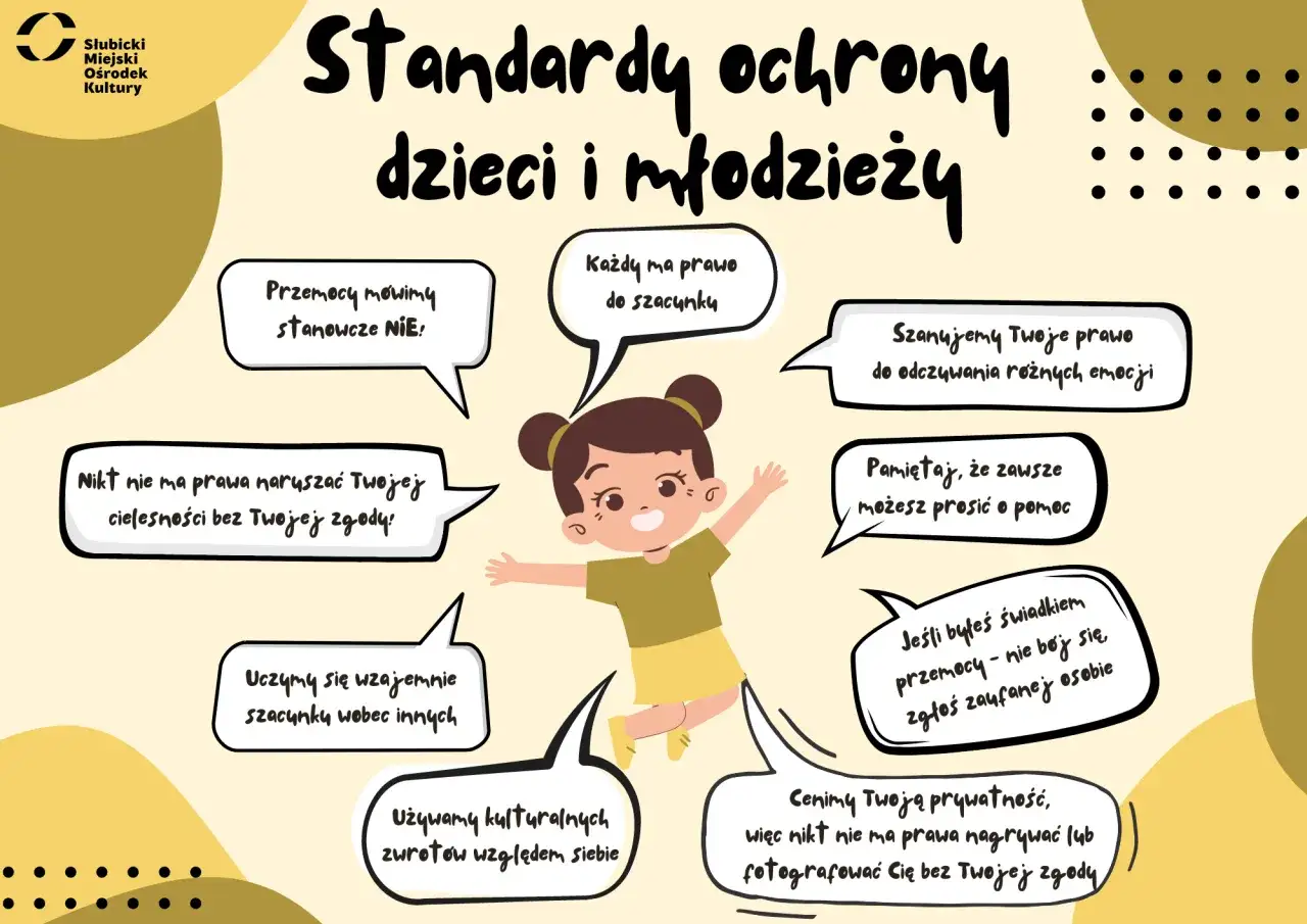 Grafika o standardach ochrony dzieci i młodzieży. Ilustracja przedstawia uśmiechniętą dziewczynkę otoczoną dymkami z hasłami o szacunku, prawie do emocji i prywatności, a także o tym, jak reagować na przemoc. To ważne informacje, które mogą pomóc w zap...
