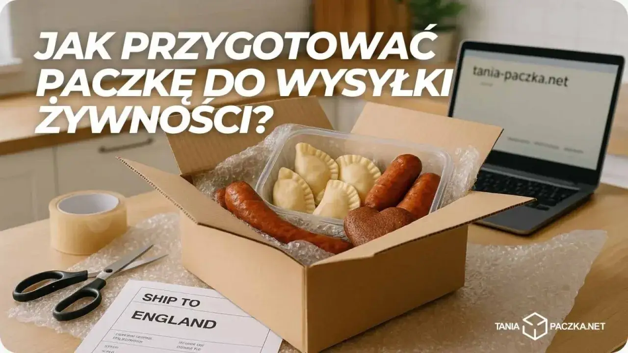 Elektroniczna paczka żywnościowa z pierogami i kiełbasą gotowa do wysyłki do Anglii. Na stole taśma, nożyczki i laptop.