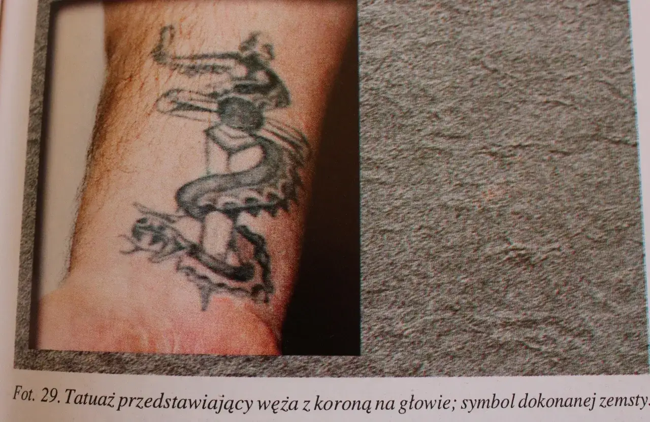 Tatuaże grypsujących: wąż z koroną na głowie, symbol zemsty.