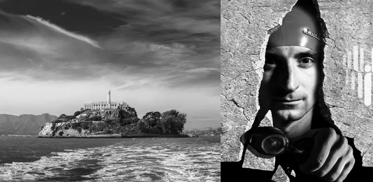 Alcatraz, najbardziej strzeżone więzienie na świecie, widziane z wody. Obok twarz pływaka przebijająca się przez mur.
