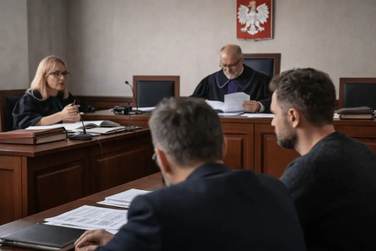 Sądowe posiedzenie aresztowe. Sędzia w todze przegląda dokumenty, obok siedzi prawniczka, a przed nimi mężczyźni w garniturach.