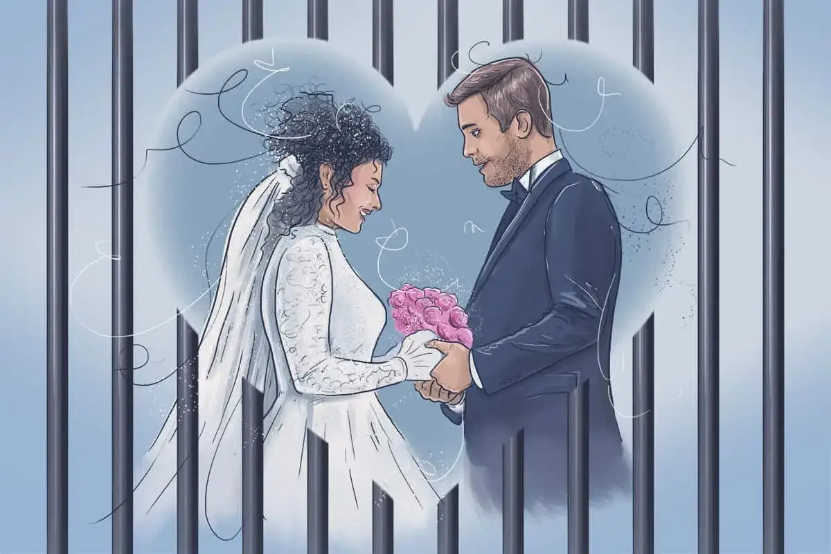Para ich miłość jest silniejsza niż kraty. Wzruszający ślub w więzieniu, gdzie para młoda wymienia spojrzenia pełne nadziei.