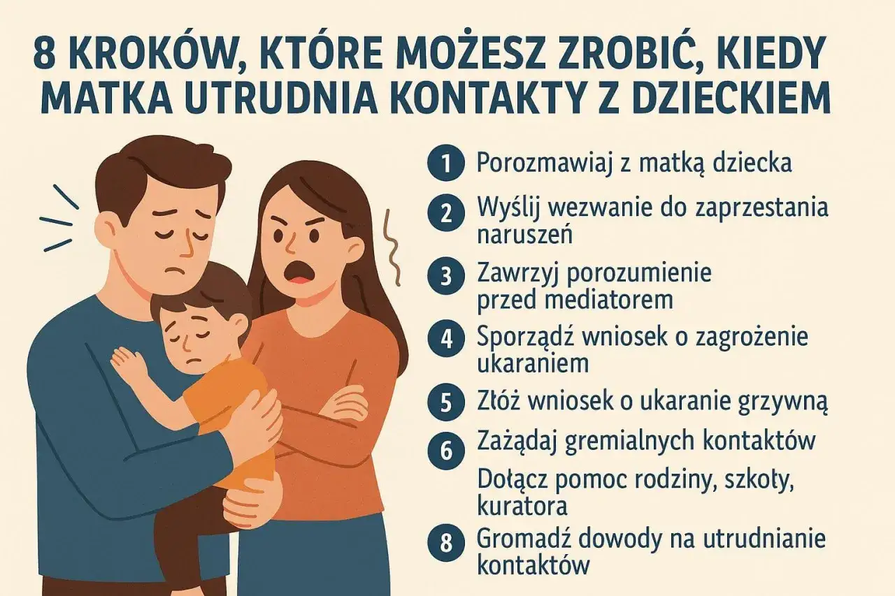 Ilustracja pokazuje rodzinę z dzieckiem, które matka utrudnia kontakty. Poradnik podpowiada, jak skontaktować się z osadzonym, gdy matka utrudnia kontakty z dzieckiem.