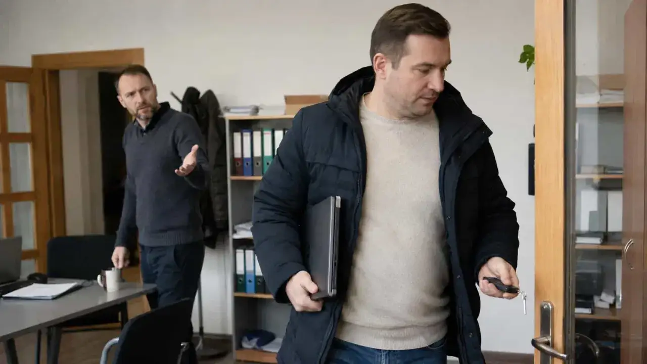 Mężczyzna z laptopem wychodzi z biura, trzymając klucze. Jego kolega gestykuluje, jakby oskarżał go o przywłaszczenie mienia.