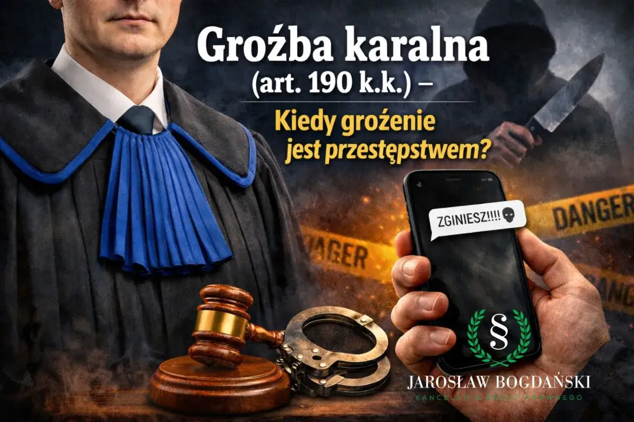 Czy grożenie sądem jest karalne? Grafika przedstawia prawnika, młotek sędziowski, kajdanki i telefon z groźbą.