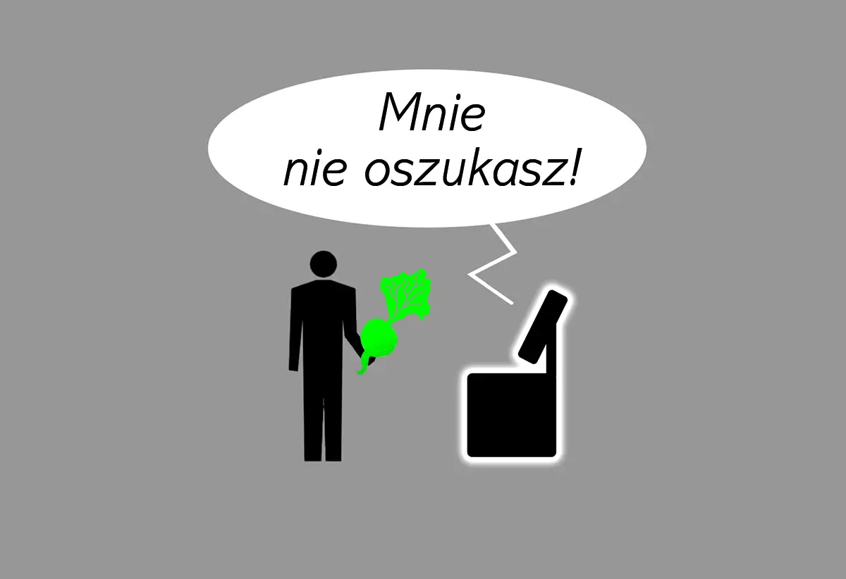 Człowiek z burakiem mówi do bankomatu: