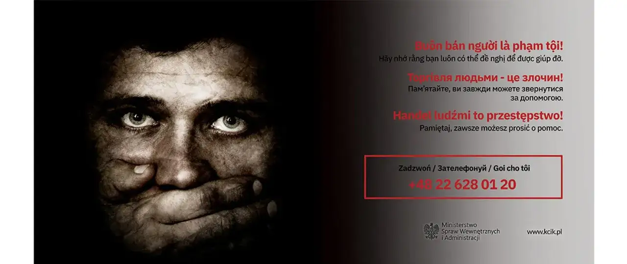 Twarz z zakrytymi ustami. Handel ludźmi to przestępstwo. Zadzwoń +48 22 628 01 20.
