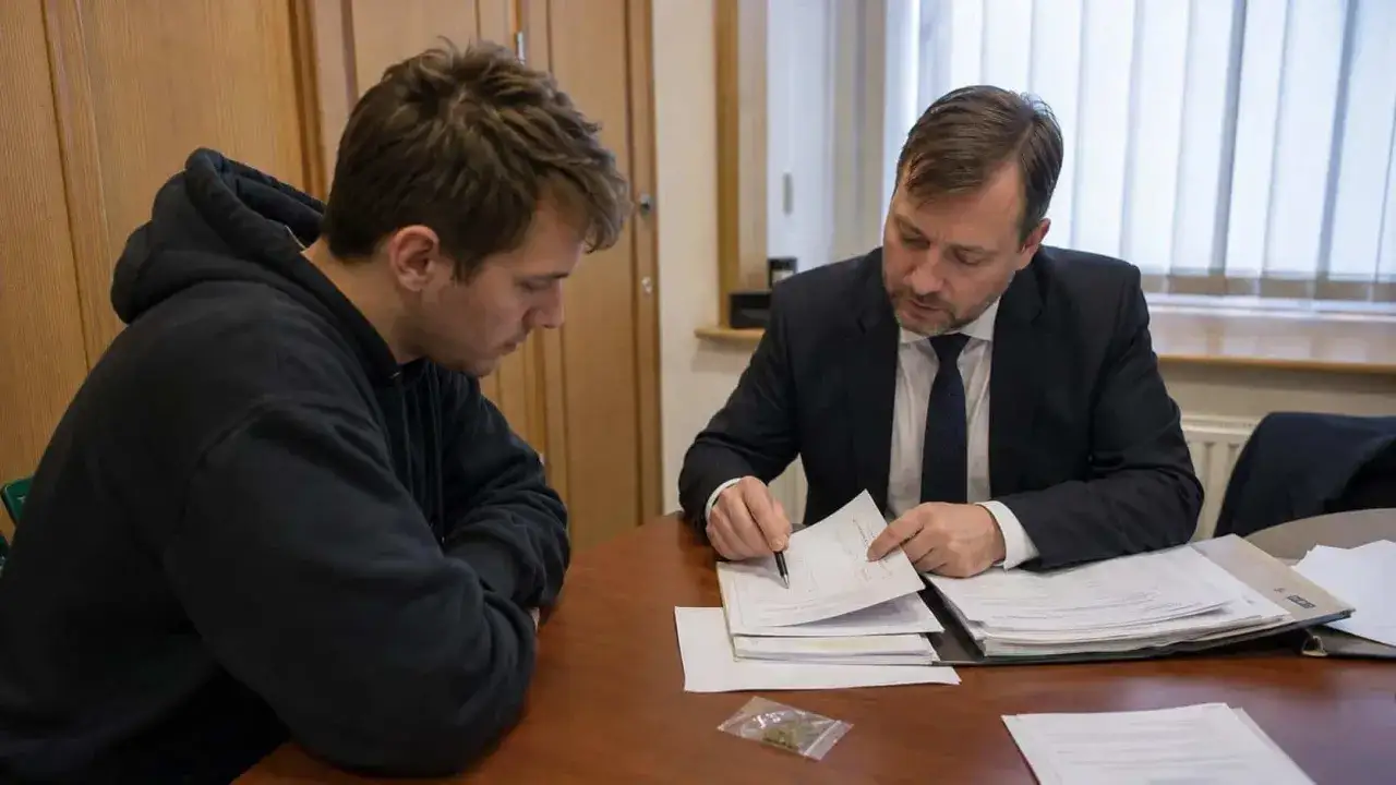 Mężczyzna w garniturze wskazuje na dokumenty, obok leży woreczek z niewielką ilością narkotyków.