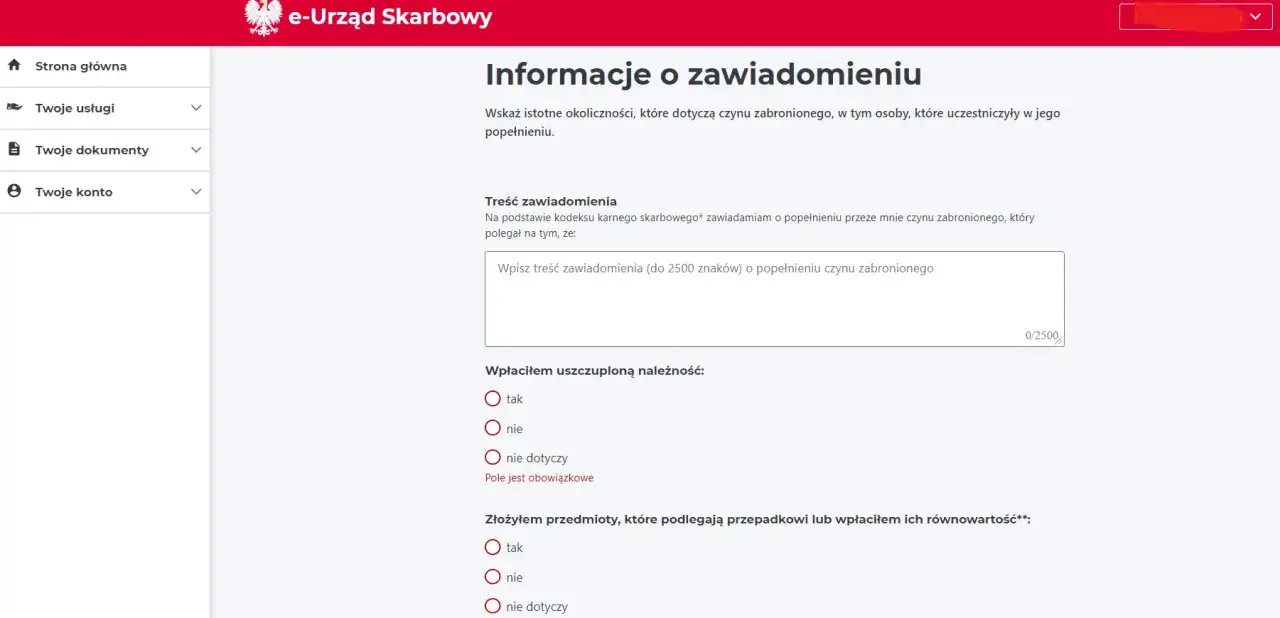 Formularz e-Urzędu Skarbowego: zawiadomienie o popełnieniu czynu zabronionego. Uzupełnij informacje o okolicznościach i należnościach.