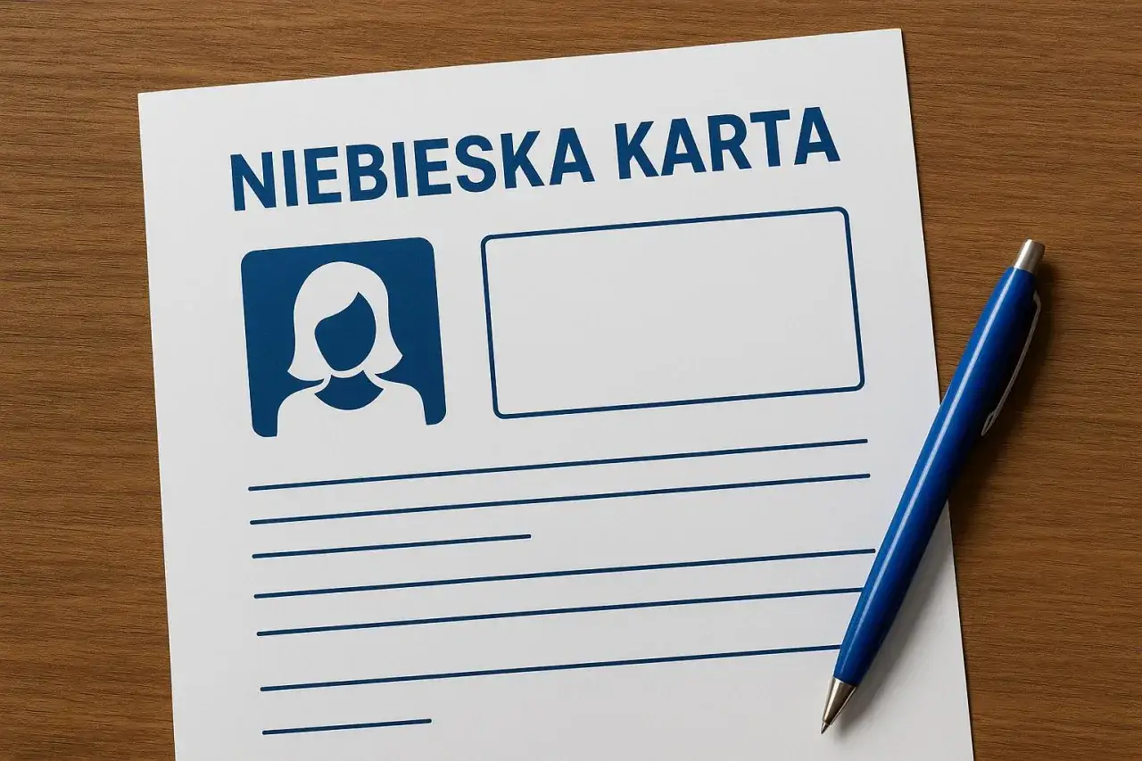 Niebieska karta z miejscem na zdjęcie i dane. Długopis leży obok, gotowy do wypełnienia.