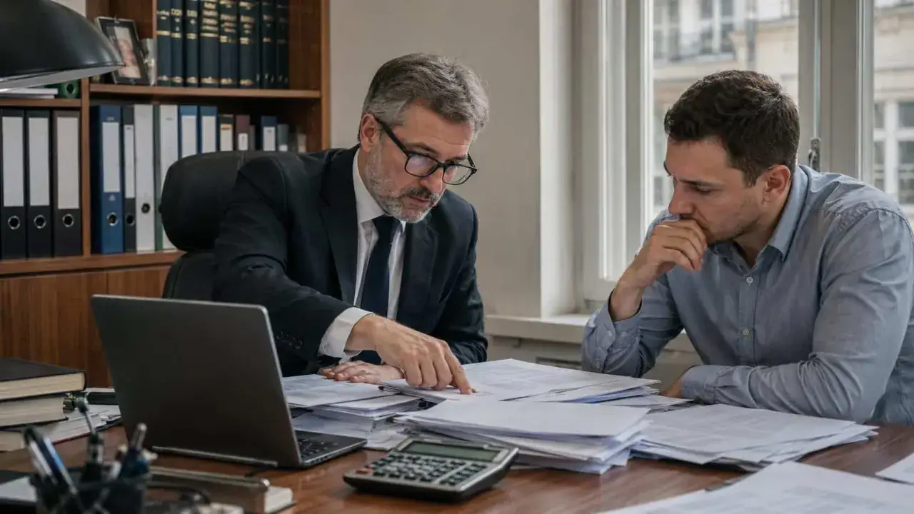 Prawnik w garniturze tłumaczy klientowi paragraf 271a kk, wskazując na dokumenty. Klient zamyślony słucha.