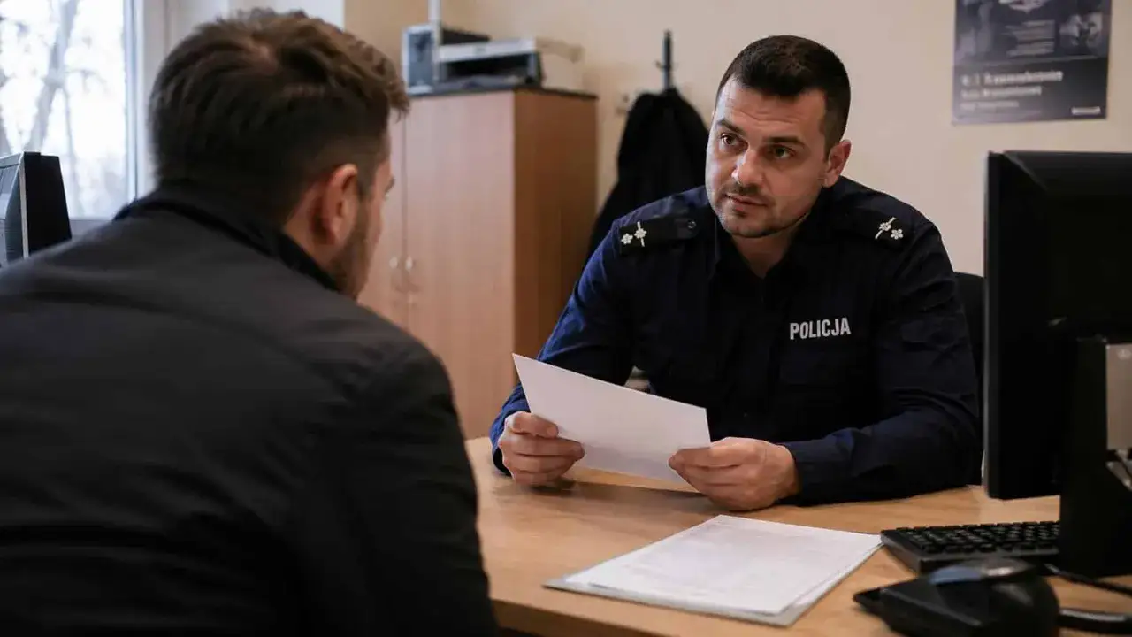 Policjant rozmawia z mężczyzną, trzymając dokumenty. Prawdopodobnie dotyczy to wniosku o zmianę miejsca dozoru policyjnego.
