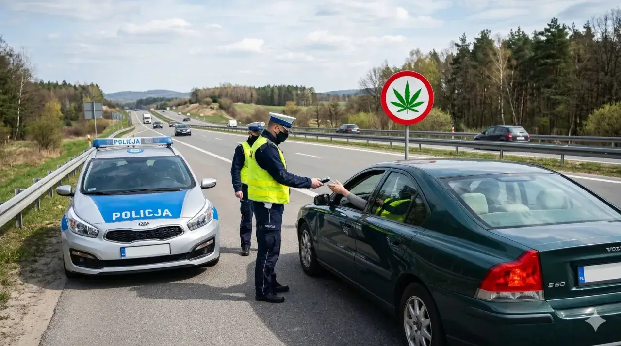 Policjanci kontrolują ruch drogowy, jeden z nich bada kierowcę alkomatem. Obok znak zakazu spożywania marihuany, przypominający o 178a kk.